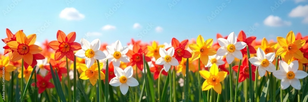 Fototapeta premium Narcissi in full bloom create a stunning mosaic against the clear blue sky, field of flowers, colorful, spring flowers