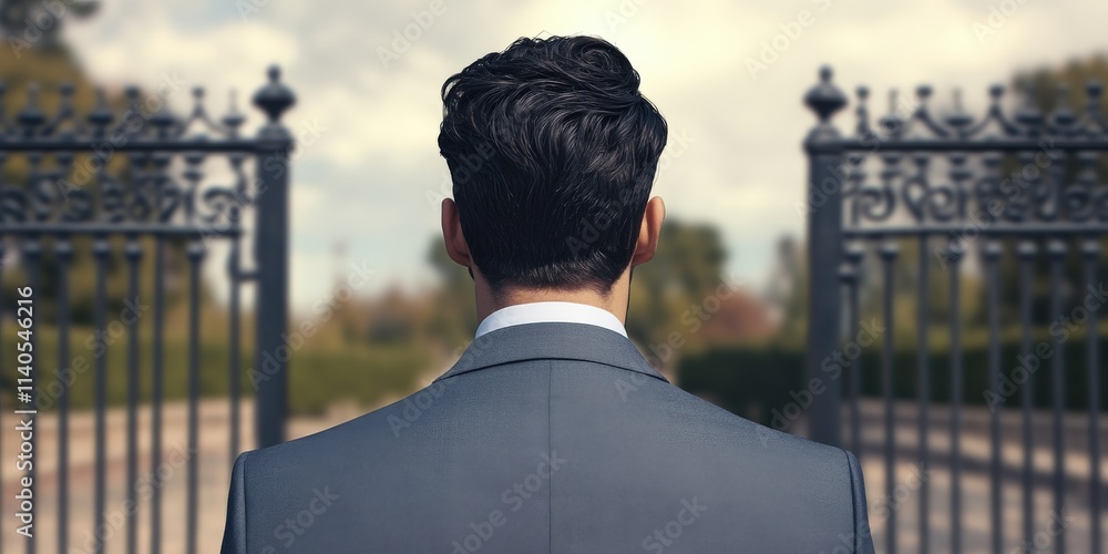 Professional Change promotion concept. A man in a suit stands at an ornate gate, looking out towards a scenic landscape, suggesting opportunity or contemplation. Professional Change promotion concept. A man in a suit stands at an ornate gate, looking out towards a scenic landscape, suggesting opportunity or contemplation.
