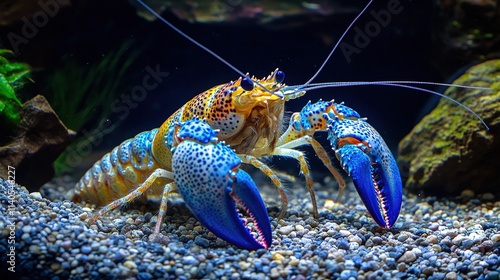 Brightly Colored Blue and Orange Lobster in Aquarium on Pebble Substrate photo