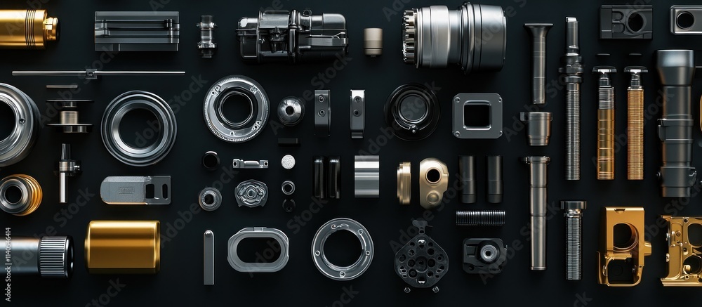 A collection of various mechanical and industrial parts arranged neatly. A collection of various mechanical and industrial parts arranged neatly.