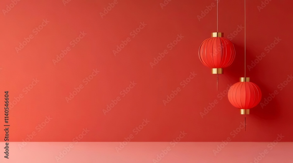 Two red lanterns hang against a red wall. Two red lanterns hang against a red wall.