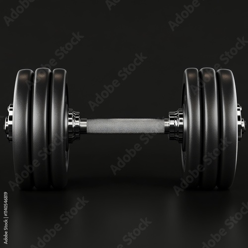 Heavy dumbbell with black plates resting against a black background in a gym ...