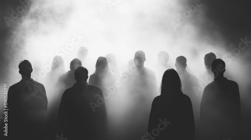 Silhouettes of people emerging from fog in a mysterious setting