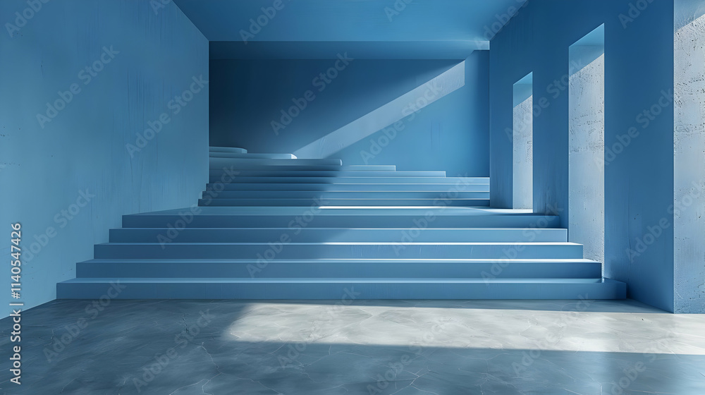 Fototapeta premium Blue Abstract 3D Render of Concrete Staircase