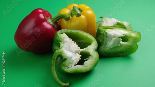 Wallpaper Mural Primo piano di peperone verde tagliato su sfondo verde e peperoni giallo e rosso  in secondo piano Torontodigital.ca