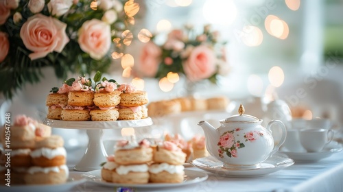 Elegant tea setting with freshly baked scones and a beautiful floral arrangement