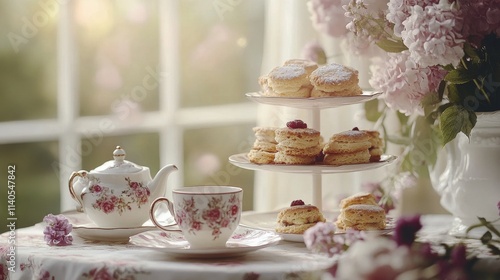 Elegant tea setting with freshly baked scones and a beautiful floral arrangement
