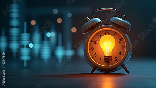 Bright ideas strike like an alarm clock with a shiny light bulb icon on a digital dateline display._00004_ photo