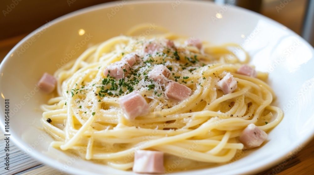Creamy Pasta Dish with Ham and Cheese Topped with Fresh Herbs Creamy Pasta Dish with Ham and Cheese Topped with Fresh Herbs