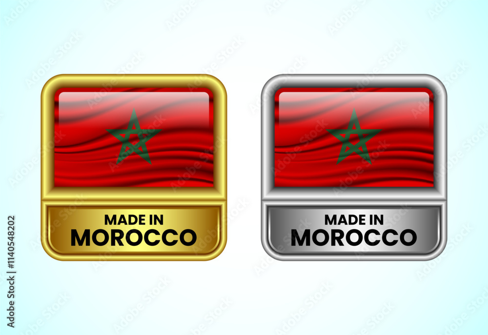 Made in Morocco label icon in gold and silver color. Flag icon set for business Made in Morocco label icon in gold and silver color. Flag icon set for business