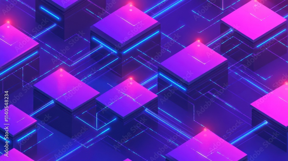 A vibrant digital landscape of interconnected cubes with glowing lines and lights. A vibrant digital landscape of interconnected cubes with glowing lines and lights.