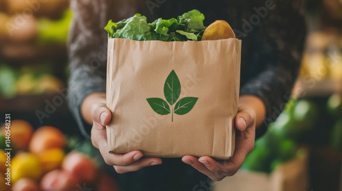 Photo of A close-up image of hands holding eco-friendly packaging made from plant-based materials, such as cornstarch or recycled paper. The packaging has a natural.