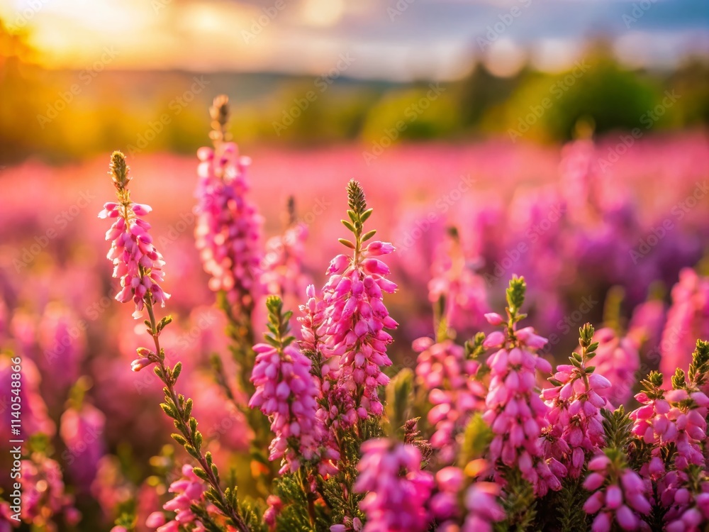 Obraz premium Miniature Pink Heather Landscape, Tilt-Shift Photography, Blooming Heather, Purple Flowers, Fairy Tale Scene, Idyllic Meadow, Pink Flower Field, Miniature World, Shallow Depth of Field, Bokeh
