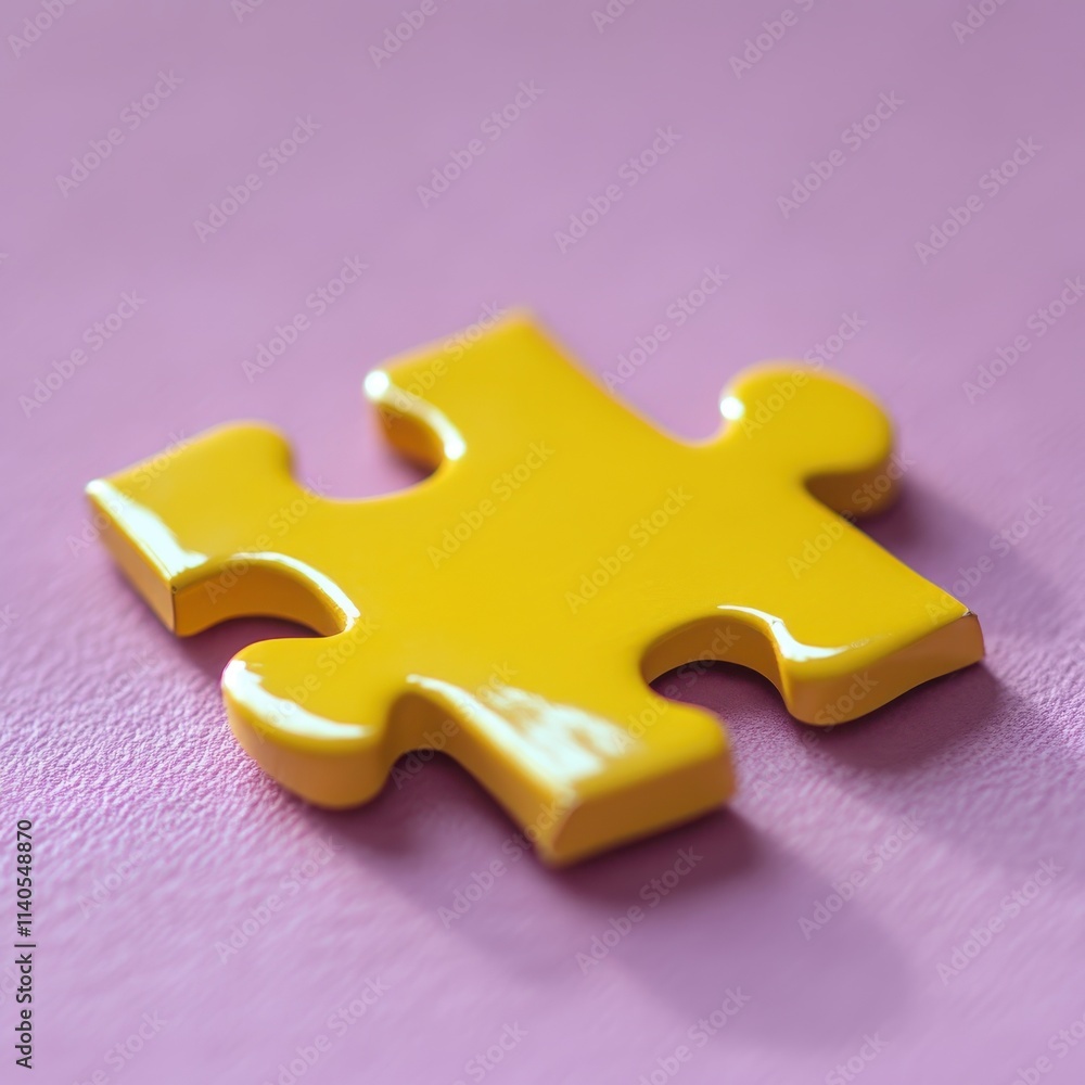 Fototapeta premium A vibrant yellow puzzle piece rests on a soft pink background, symbolizing creativity and playfulness.