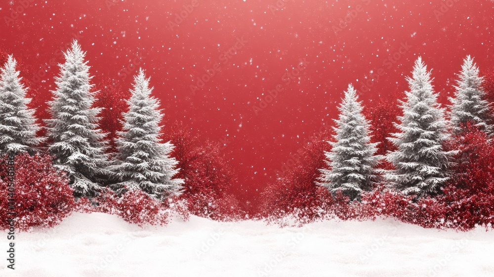 Obraz premium Festive Winter Wonderland Scene Featuring Snowy Pine Trees and a Magical Red Background, Perfect for Holiday Celebrations and Seasonal Greetings