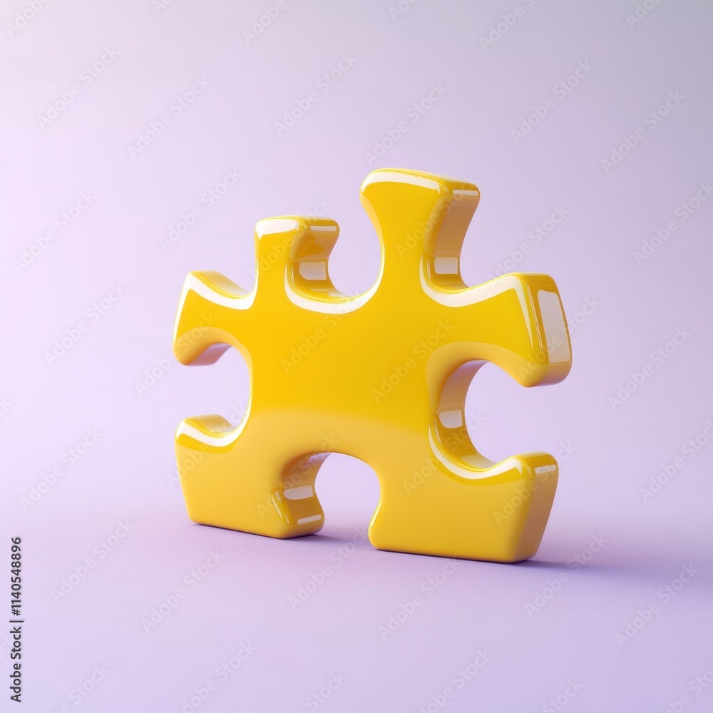 Obraz premium A bright yellow puzzle piece stands alone against a soft pastel purple background, symbolizing individuality and connection.