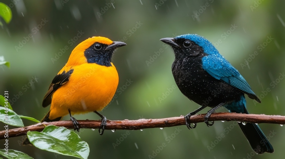 Obraz premium Colorful birds resting on a branch during a rain shower in a tropical forest