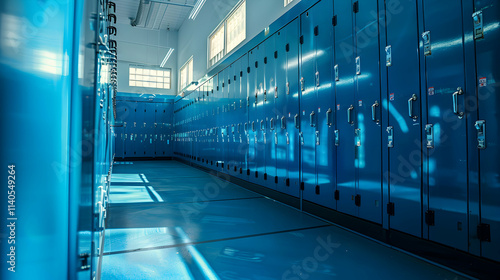 Organized Sports Equipment in a Clean Blue Locker Room

 photo