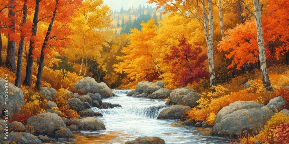 A serene autumn scene featuring a gentle stream winding through vibrant orange and yellow foliage. A serene autumn scene featuring a gentle stream winding through vibrant orange and yellow foliage.
