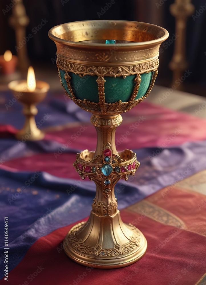 Chalice with gemstones and a cross on a velvet-covered table, regal, luxurious Chalice with gemstones and a cross on a velvet-covered table, regal, luxurious