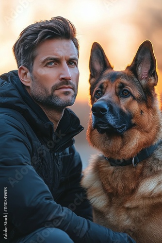 Man interacts with German Shepherd in autumn forest setting during golden hour