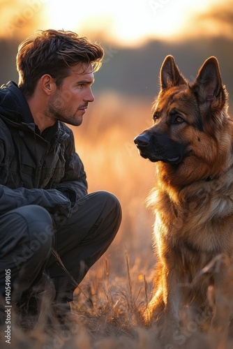 Man interacts with German Shepherd in autumn forest setting during golden hour