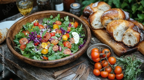 Outdoor gathering features a beautiful presentation of fresh salads and color...