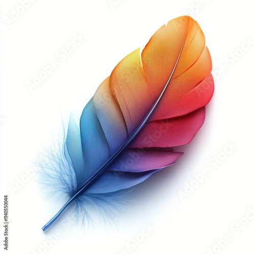 Colorful feather with gradient pattern showcasing vibrant hues of orange, blu...