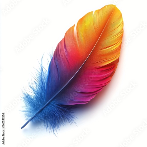 Colorful feather with gradient pattern showcasing vibrant hues of orange, blu...