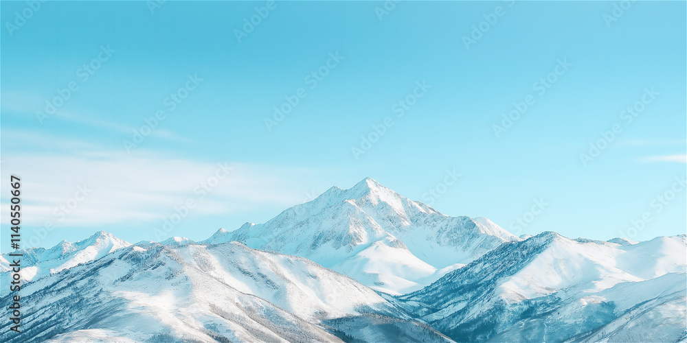 Obraz premium A stunning view of snow-capped mountains under a clear blue sky. The tranquil landscape captures the beauty of winter and the serene nature of the peaks.