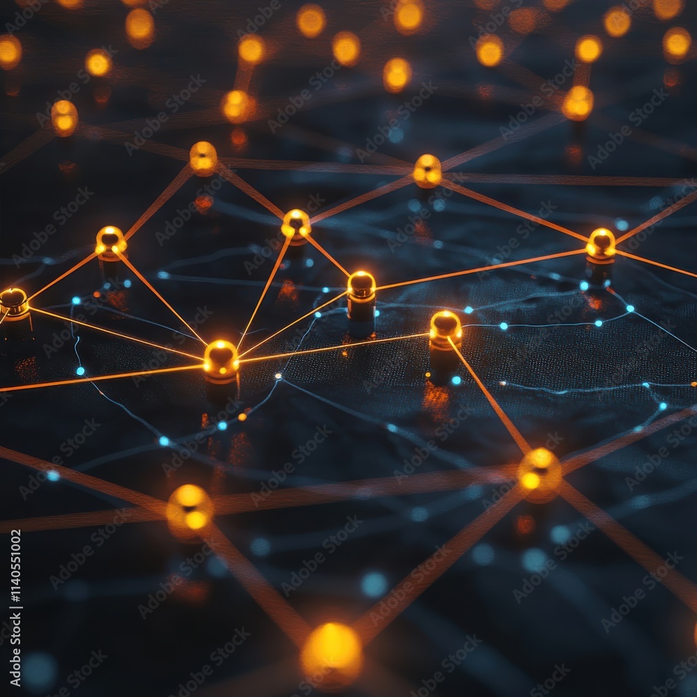 Abstract digital network with glowing orange and blue nodes connected by intricate lines, symbolizing data flow. Abstract digital network with glowing orange and blue nodes connected by intricate lines, symbolizing data flow.