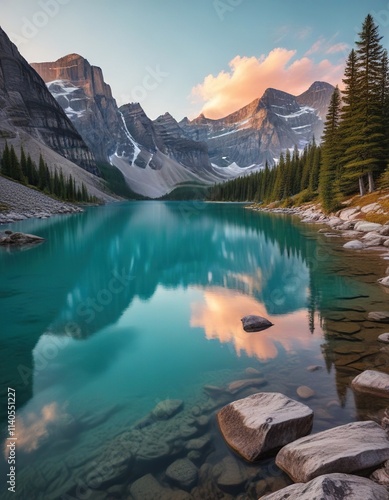 Panoramic view of turquoise lake in Canadian Rockies at sunrise, canadia mountains, natural wonder photo