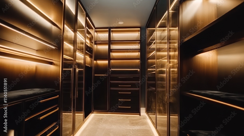 Fototapeta premium A modern, well-lit walk-in closet featuring sleek cabinetry and stylish lighting.