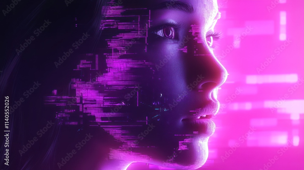 A digital portrait of a woman with a glitch effect, illuminated by vibrant pink light. A digital portrait of a woman with a glitch effect, illuminated by vibrant pink light.