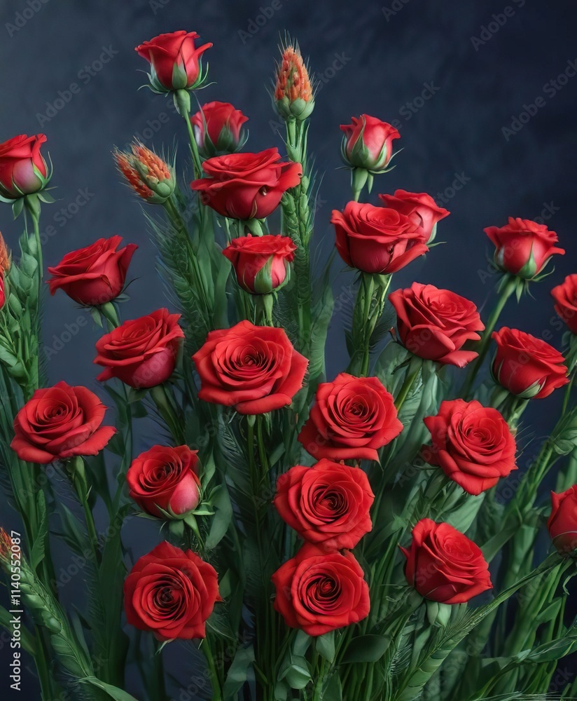 Dark blue or purple background with a large bunch of red roses and green wheat stalks in the center, rose, flowers Dark blue or purple background with a large bunch of red roses and green wheat stalks in the center, rose, flowers
