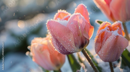 Golden light shines through delicate branches covered in snow, creating a magical winter glow.