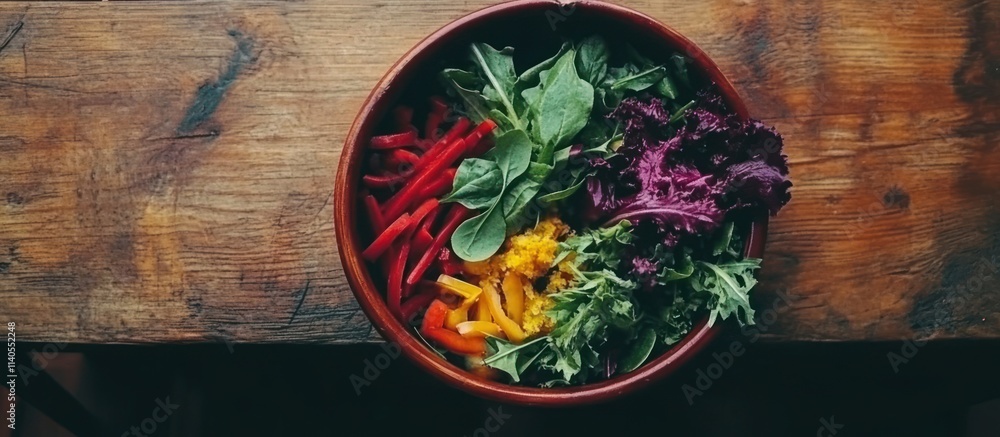A vibrant bowl of fresh vegetables on a wooden table, ideal for healthy eating. A vibrant bowl of fresh vegetables on a wooden table, ideal for healthy eating.