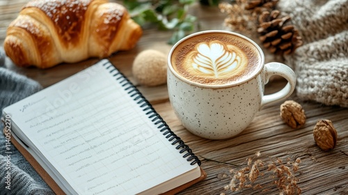 Relaxing morning with coffee and croissants on a cozy table setting