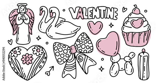 Valentine Day Hand Drawn Doodle Elements Set. Love Holiday Cute Clipart for Valentines Day. Bold Line Art Design Elements. Hearts, Presents, Balloon, Cake, Beverage, Outline vector illustration.