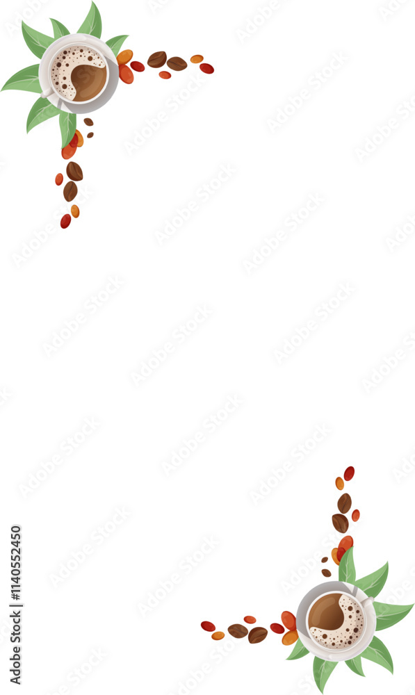 Fototapeta premium Corner Frame for Stories with Hot Coffee and Leaves, Top View Cup Design