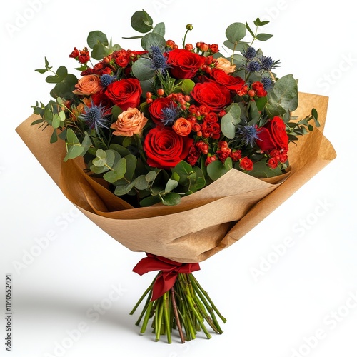 Bright and colorful flower bouquet featuring roses and eucalyptus wrapped in ...
