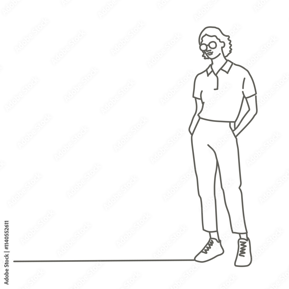 Woman in a white shirt stands in front of a white background. She is wearing glasses and has her hands in her pockets. Hand drawn vector illustration. Black and white. Woman in a white shirt stands in front of a white background. She is wearing glasses and has her hands in her pockets. Hand drawn vector illustration. Black and white.