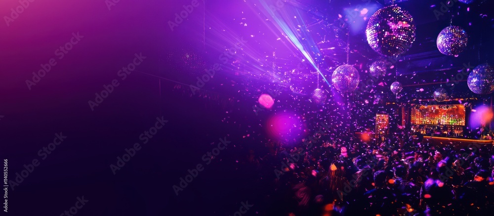 A vibrant party scene with disco balls, lights, and confetti, creating a festive atmosphere. A vibrant party scene with disco balls, lights, and confetti, creating a festive atmosphere.