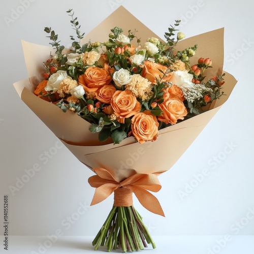Bright and colorful flower bouquet featuring roses and eucalyptus wrapped in ...