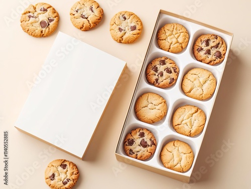 Cookie box mockup with a blank matte finish, styled with assorted cookies on a warm beige background