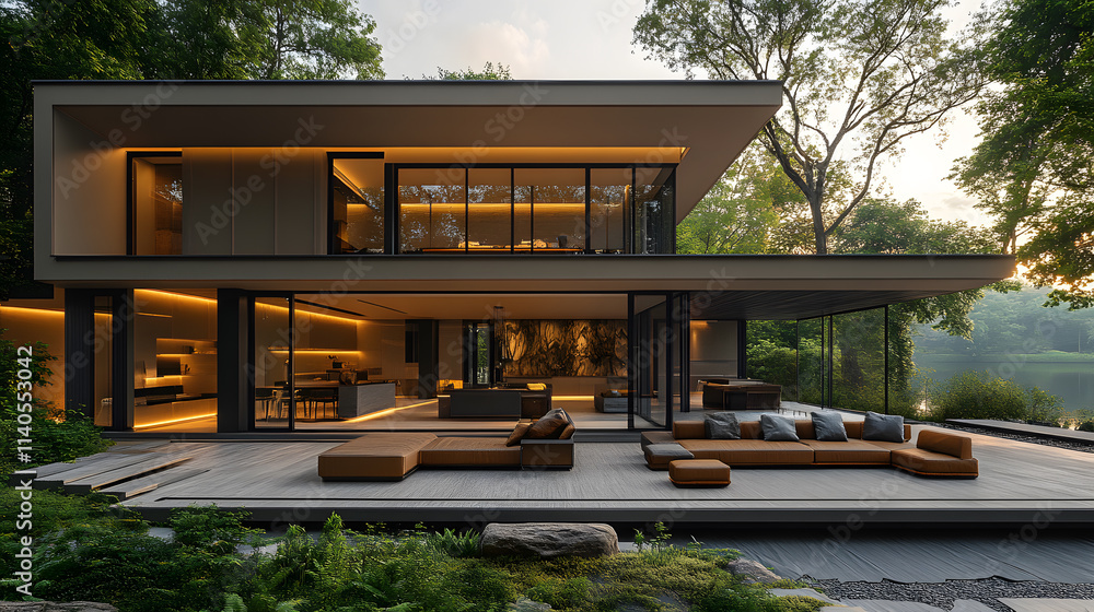 A detailed photography of a minimalist home design featuring clean lines, open spaces, and large floor-to-ceiling windows surrounded by a lush green landscape. A detailed photography of a minimalist home design featuring clean lines, open spaces, and large floor-to-ceiling windows surrounded by a lush green landscape.