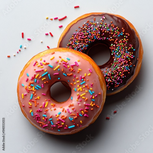 Delicious donuts with colorful sprinkles on a light background in a sweet set...