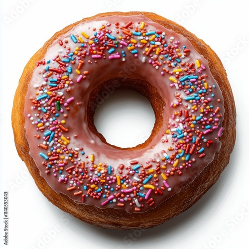 Delicious chocolate frosted donut with colorful sprinkles showcased on a whit...