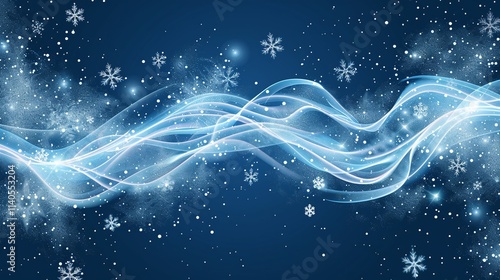 A magical winter scene with shining snowflakes and swirls of glowing light on a blue background.
