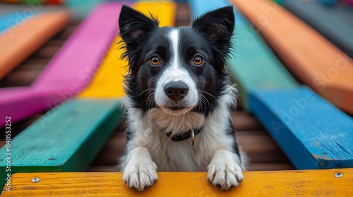Curious dog exploring colorful wooden slats at a lively playground